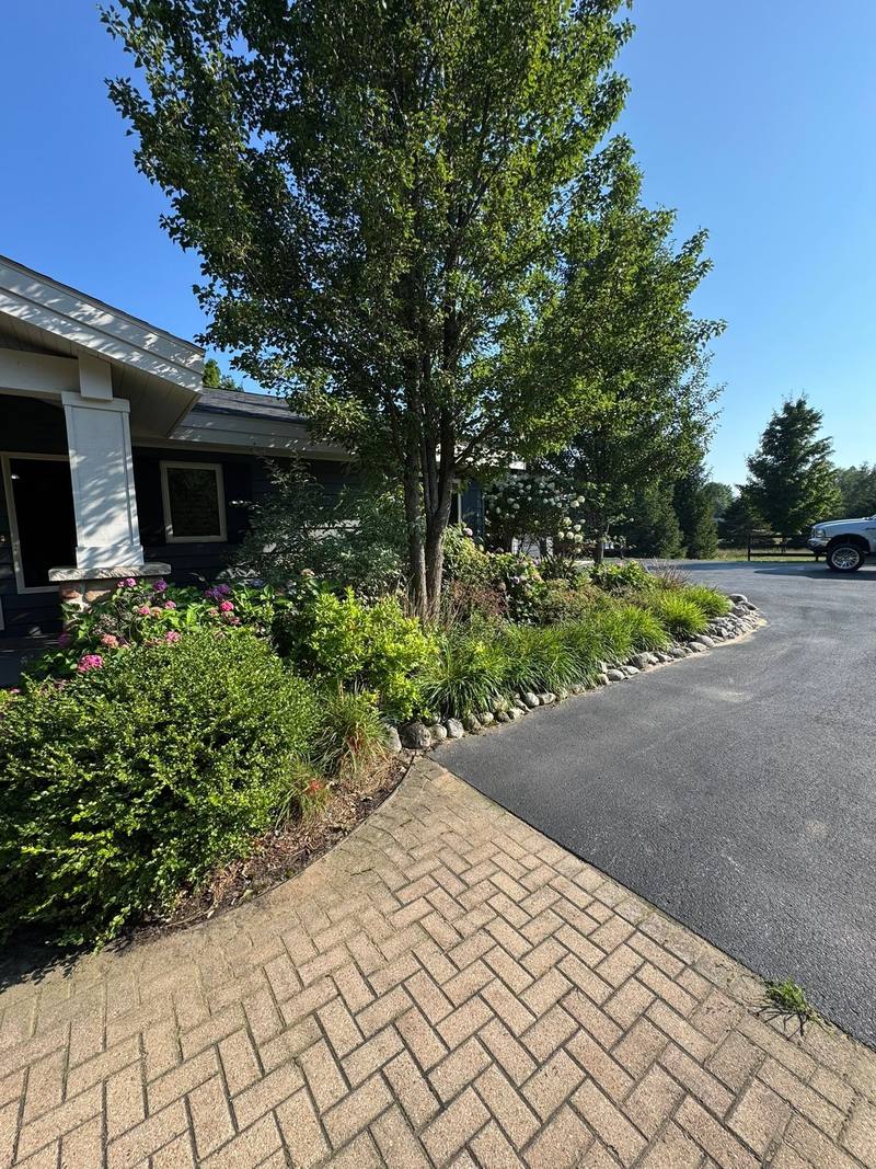 Flowering shrub beds along a paver walk and curved driveway