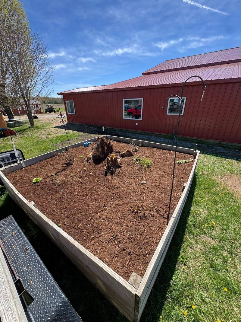 Large raised bed filled with fresh soil beside a red pole barn